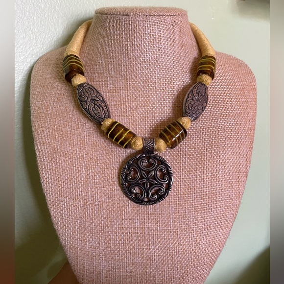 Silver and Gold Beaded Necklace with Tribal Motifs - Picture 1 of 6